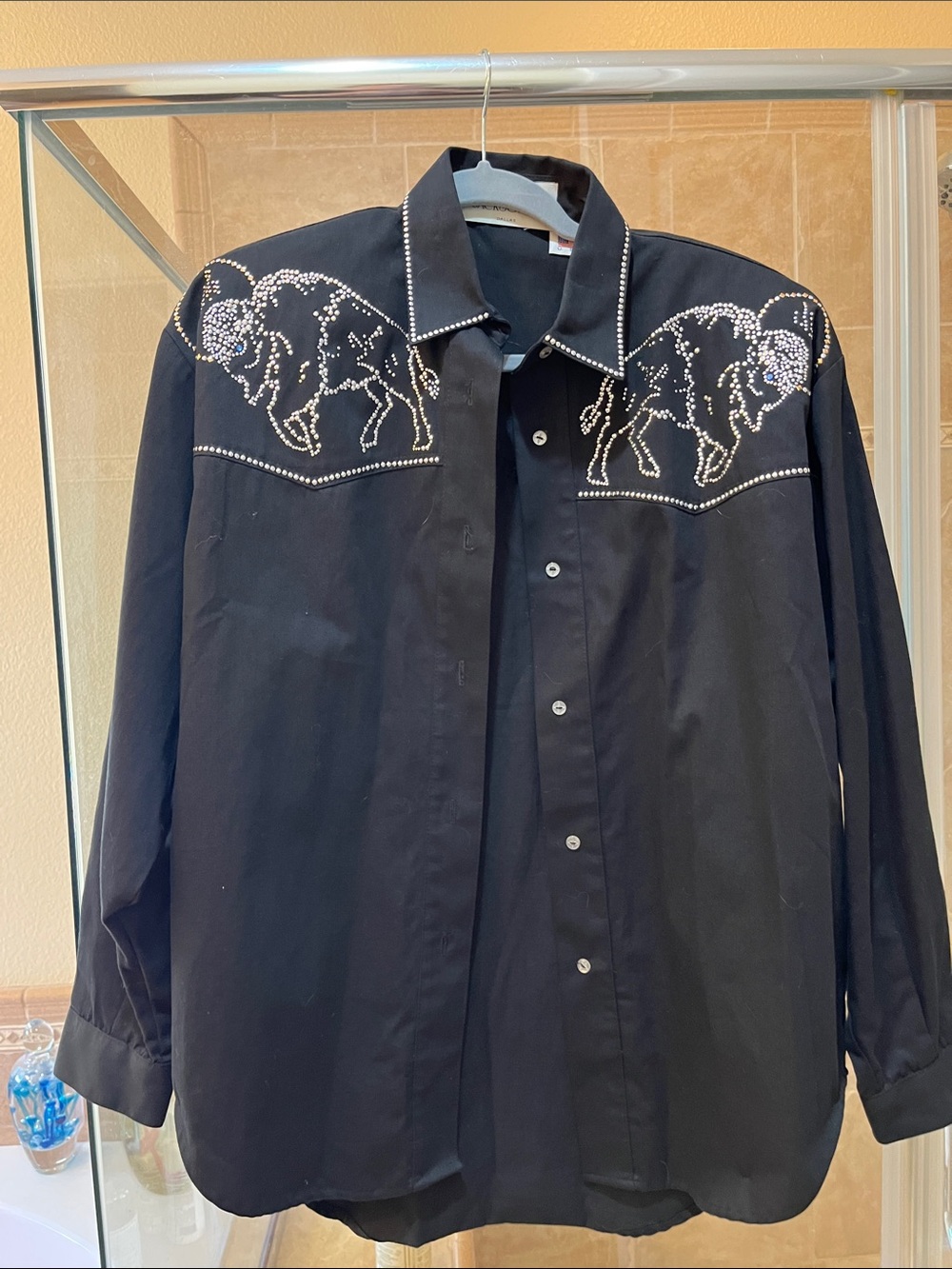 Black Embellished Western-Style Blouse with Buffalo Motif